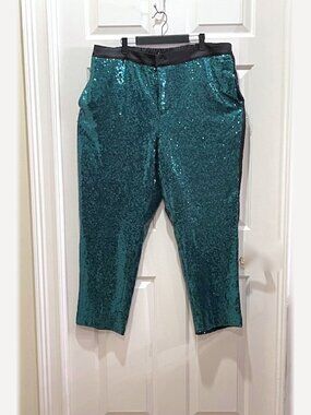 NWT Eloquii Sequin Tapered Ankle Pants Tuxedo Stripe Verdant Green Plus Size 16
